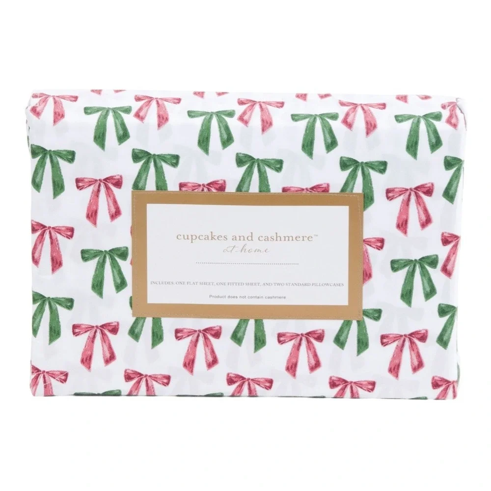 Cupcakes and Cashmere Ribbon‎ Bow Sheet Set Queen White Red Green Christmas NWT